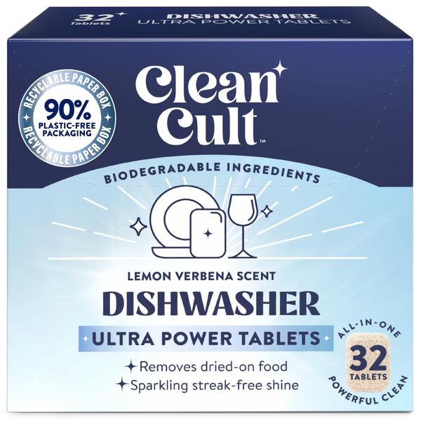 Cleancult Ultra Power Dishwasher Detergent Tablets for Sparkling Streak-Free Shine, All-In-One, Less Plastic Waste, 32 Count