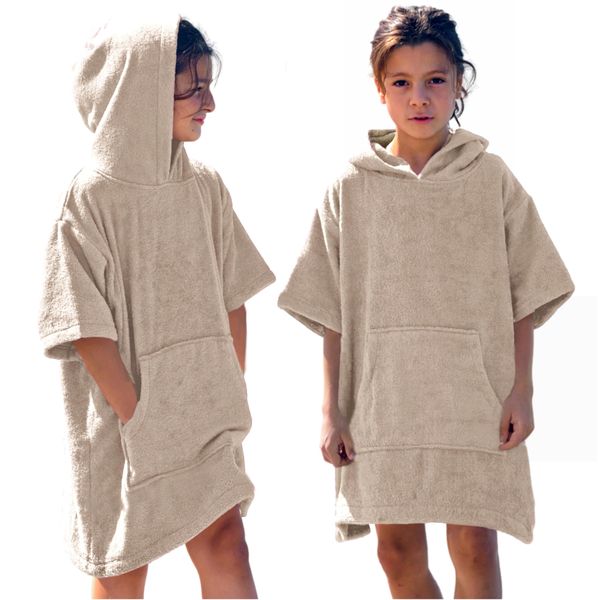 CalmyBEACH Frottee Badeponcho Kinder Mädchen - Jungen Surf Poncho 100% Baumwolle Strandponcho Handtuch mit Kapuze Umziehhilfe Surfponcho Bademantel (Alter 3-5, Beige)