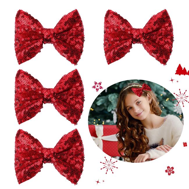 Sibba Glitter Hair Bows Clips 4 Packs Large Hair Pins Barrettes 4 Inch Red Sequins Sparkly Lace Nylon Mesh Alligator Ponytail Holder Valentines Day Easter School Accessories for Women Girl Toddlers