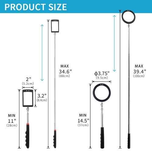 Rechabite 2 Pieces Telescoping Inspection Mirror LED Light Set with Large 3.75" Round Mirror, and 3.3" Square Mirror, Flexible 360 Swivel, for Inspection Viewing, Mechanic Checking, Observation