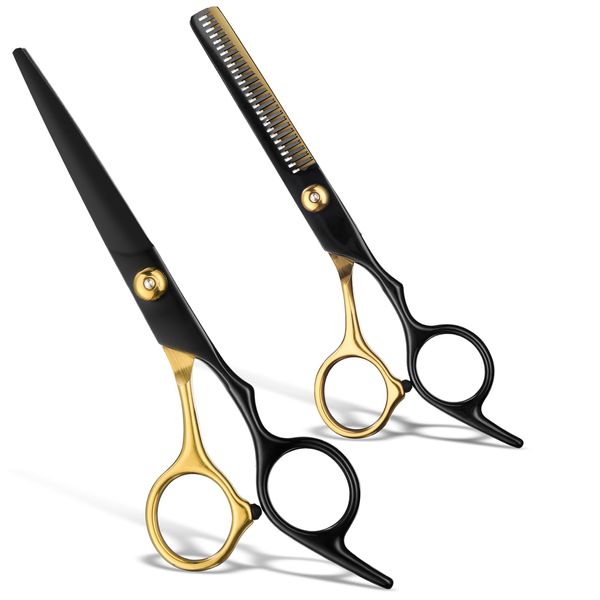 2 Pcs Sharp Hair Cutting Scissors, Stainless-Steel 6.7‘’ Barber Scissors Professional, Multifunctional Thinning Shears for Hair Cutting, Wigs Texturizing Tools for Women Men Home Salon(Gold)