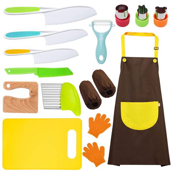 RISICULIS 14 Pieces toddler knife, Kids Knife Set Include Wood Kids Safe Knife, Plastic Toddler Knife, Cutting Board, Apron, Y Peeler, Crinkle Cutter, Kitchen Sleeves Covers, Gloves, Sandwich Cutter