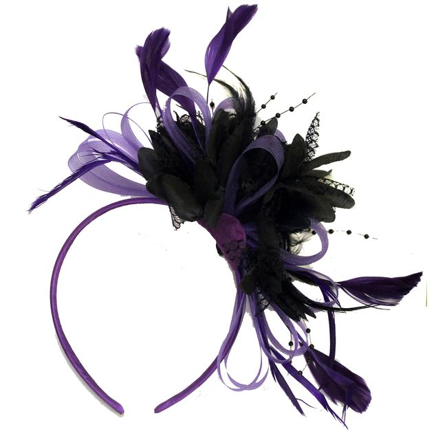 Caprilite Fashion Purple and Black Net Hoop Feather Hair Fascinator Headband Wedding Royal Ascot Races