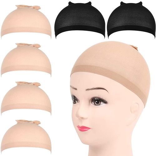 Pack of 6 Wig Caps, Nylon Wig Caps, AONAT Wig Cap Set, Wig Net, Undercap, Stretchable, Elastic, Breathable, 4 Nude Beige Wig Caps + 2 Black Hair Nets