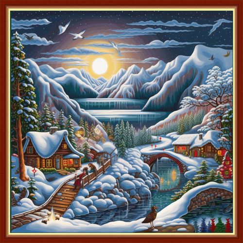 Findvoor Stamped Cross Stitch Kits for Beginners Full Range of Cross Stitching Embroidery Pattern for Kids or Adults, 11CT DIY Needlepoint Embroidery Starter Kits-Snow Scenery 17.7x17.7 inch