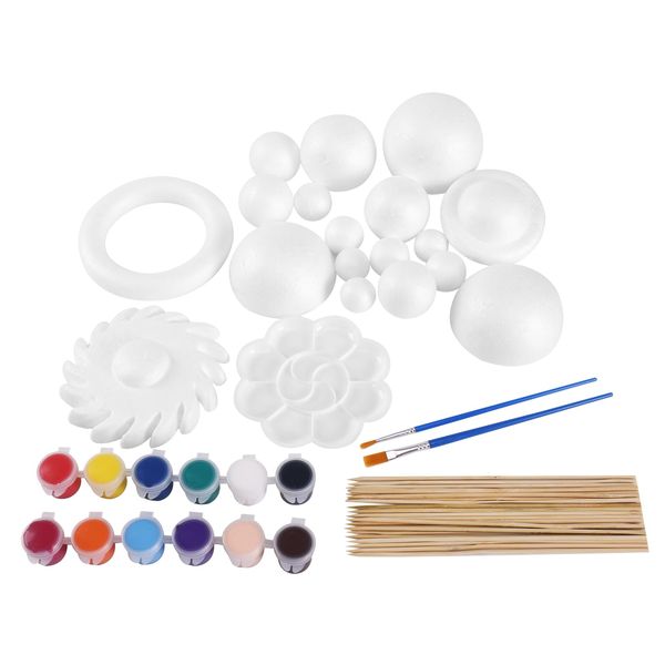 FFchuanhe 72 Pcs Solar System Model Foam Balls Kit Includes Mixed Sizes Craft Foam Bamboo Sticks Color Pigments Paint Tray Palettes Picture Plate Painting Brushes for School Science Projects