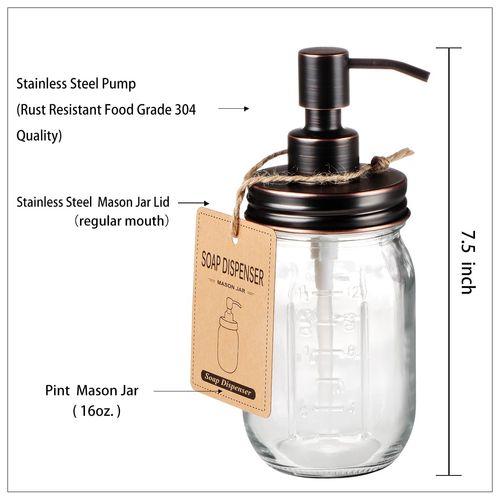 Amolliar Mason Jar Liquid Soap Dispenser, Rustproof Stainless Steel Replacement Pump Lid, Cute Farmhouse Decor for Kitchen, Bathroom, Refillable Hand Soap, Dish Soap, Lotion Soap, Rubbed Bronze-2 Pack