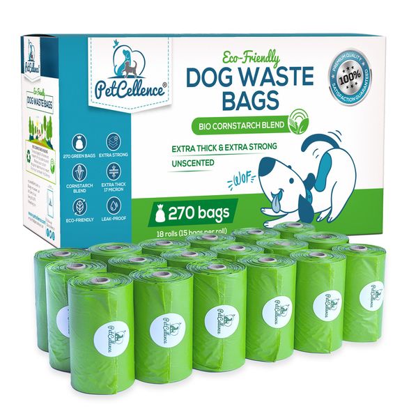 PetCellence Dog Poo Bags Biodegradable - 270 Corn Starch Biobased Dog Poop Bags Rolls Unscented - 100% Leak-Proof, Perfect for Pet Owners, Poop Bag Holder and Puppy Training