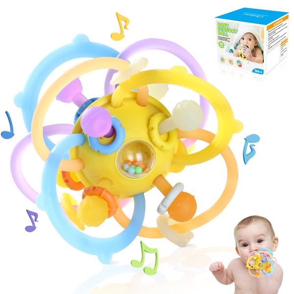 Orzbow Sensory Teething Toys for Babies, Baby Montessori Toys 3-6-12-18 Months, Infant Teethers Relief Chew Toys, Silicone Baby Rattle Toys - Early Development Toy for Toddlers, BPA Free, Yellow