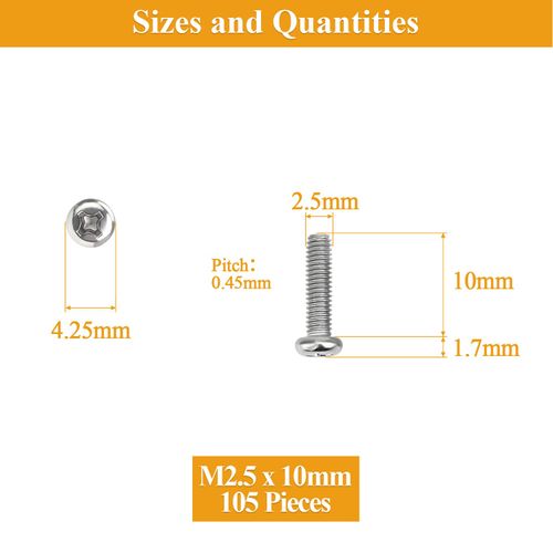 105 Pieces M2.5 x 10mm Machine Screws, Thread Pitch 0.45mm, Sutemribor M2.5 Phillips Pan Head Machine Screws, 304 Stainless Steel, Fully Threaded, Silver