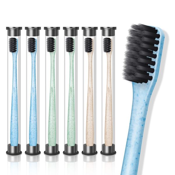 [2022 Newest] Toothbrush, Bamboo Charcoal Toothbrush (3 Colors, 6 Pieces), Soft, Small Head, Ultra Fine Bristle, Bamboo Charcoal Toothbrush, Teeth Whitening, Anti-Caries, Individual Packaging, For Travel, Portable, For Adults and Household (2 Blue, 2 Gree