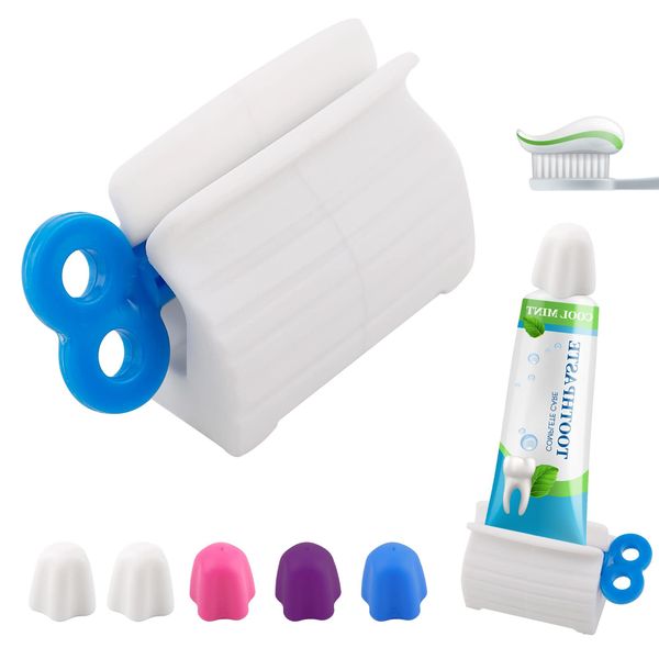 Toothpaste Caps, 5 Self-Closing Toothpaste Caps and 1 Green Toothpaste Squeezer, Toothpaste Dispenser for Adult and Child Bathrooms (4 Colors)