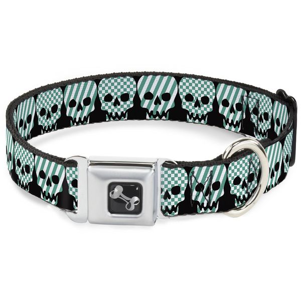 Buckle-Down Seatbelt Buckle Dog Collar - Checker & Stripe Skulls Black/White/Green - 1.5" Wide - Fits 18-32" Neck - Large