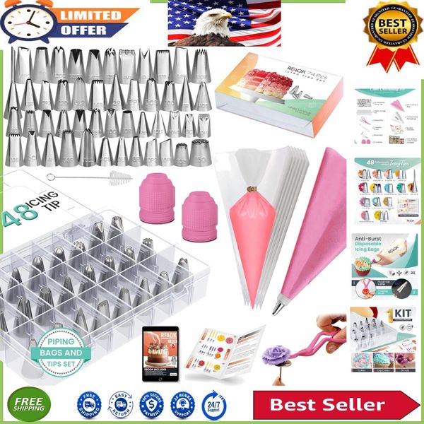 Professional Cake Decorating Set - 74 pcs, 48 Stainless Steel Tips & E-Book