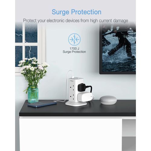 Tower Extension Lead with 3 USB Slots, TESSAN 8 Way Multi Plug Extension Tower, Surge Protection Extension Cord with Switch, Plug Socket Tower Power Strip with 2M Cable for Home, School Supplies