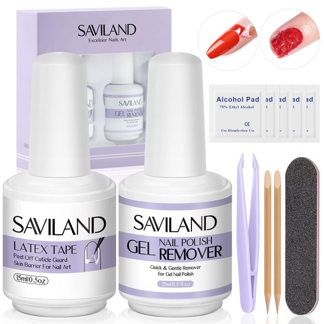 Saviland Liquid Latex For Nails & Gel Nail Polish Remover Kit - Gel Nail Polish Remover Set with Liquid Latex Peel Off Latex Tape Quick & Easy Home DIY & Nail Salon