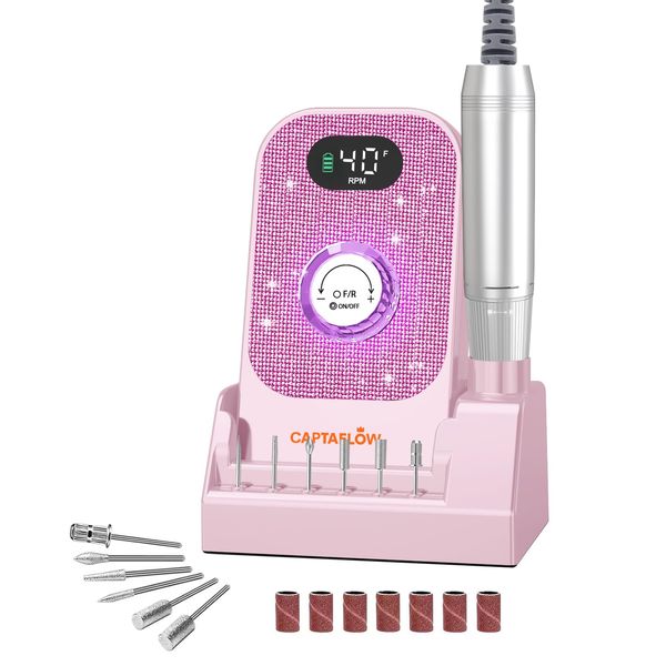 Portable Electric Nail Drill File: 40000RPM Professional Nail Drill with Bits & Base, Pink Diamond Rechargeable Nail E File Machine for Remover Gel Nail Polish Acrylic Nails Manicure for Salon Home