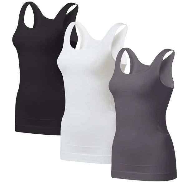 EUYZOU Women's Tummy Control Shapewear Tank Tops - Seamless Compression Top, 3-Pack (Black/White/Grey, Large)