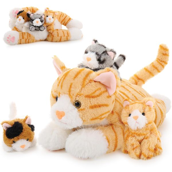 MorisMos Cat Teddy Stuffed Animal, 40cm Mom Cat Plush with 3 Cuddly Baby Inside Kawaii Kittens Soft Toy Realistic Fluffly Cat Present for Kids Girlfriend Birthday Christmas Deco