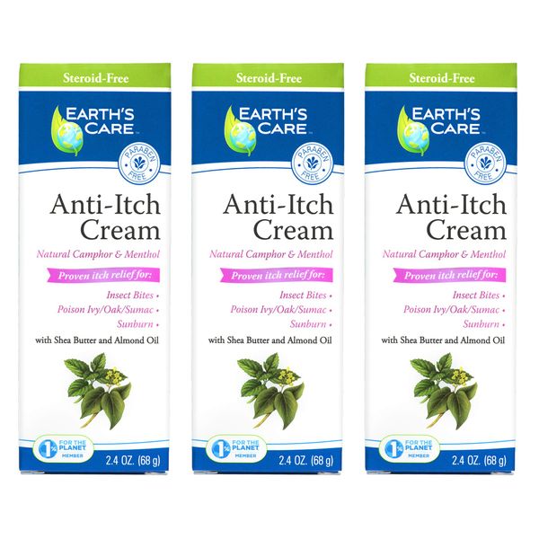 Earth's Care Anti Itch Cream - Extra Strength - Soothes Sunburns, Rashes and Minor Skin Irritation 2.4 OZ (3 Tubes)