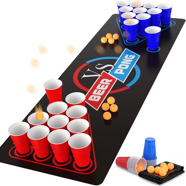 GOLDGE 63 x 23.6 inches Beer Pong Table Mat, Drinking Games for Adults Party, 8pcs Beer Pong Balls, 30pcs Beer Pong Cups