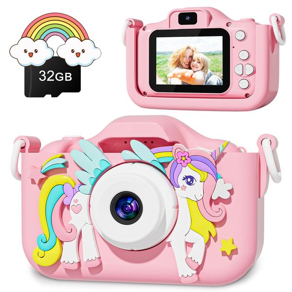 Colofree Kids Camera, Kids Digital Camera for Age 3-5 Boys/Girls, Toddler Camera for 6 7 8 9 10 11 12 Year Old Christmas Birthday Festival Gifts, Kids Camera Toys with 32G TF Card (Pink-03)