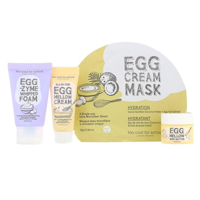 [Too Cool for School] Egg-ssential Skincare Mini Travel Size Set [Includes: Egg-zymn Whipped Foam + Egg Mellow Cream + Egg Mellow Body Butter + Egg Cream Mask Hydration]