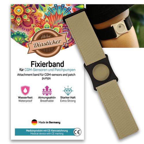 Diasticker® Freestyle Libre 3 – Fixation Strap | Flexible – Waterproof – Strong Hold | Sensor Protection, Fixation for Freestyle Libre Sensor | Holder: Black (Medium: 25-35 cm, Beige)