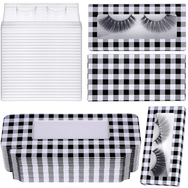 48 Piece Empty False Eyelash Box Set, 24 Piece Eyelash Packaging Box Plastic Buffalo Plaid Design Lash Case Holder Eyelash Storage Box with 24 Piece Clear Eyelash Tray (White and Black)