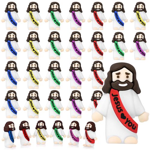 Draupnir 30 Pcs Little Jesus Figures, Jesus Love You Mini Rubber Jesus Figures Bulk 5 Colors Tiny Small Jesus Figures to Hide and Seek Religious Party Favors Sunday School for Easter Egg Stuffers