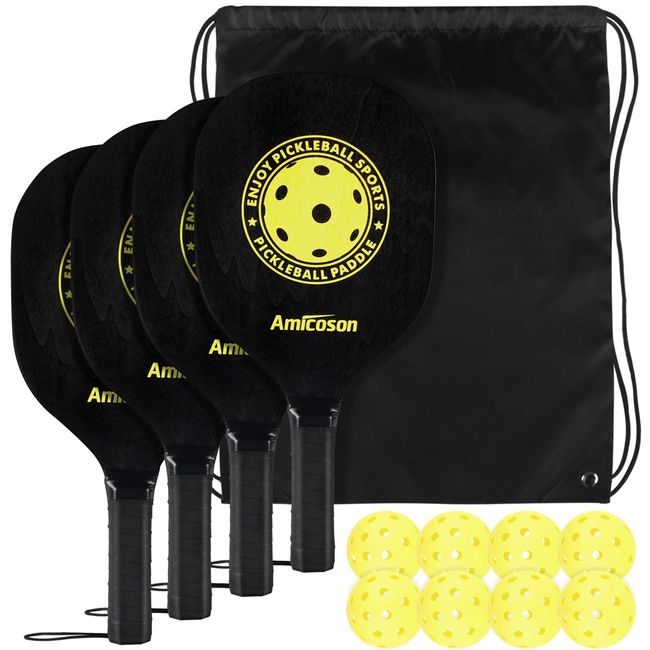 Amicoson Pickleball Paddles - Pickleball Set of 4 Paddles, Indoor & Outdoor Pickleball Balls, Pickleball Paddle Set of 4 Wood Pickleball Racket Ergonomic Cushion Grip, 8 Pickleball Balls & 1 Carry Bag