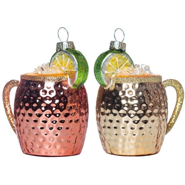 Set of 2 Glass Blown Christmas Ornaments Moscow Mule Mug, Drinks Drinking Blown Glass Cocktail Ornaments for Christmas Tree Decorations