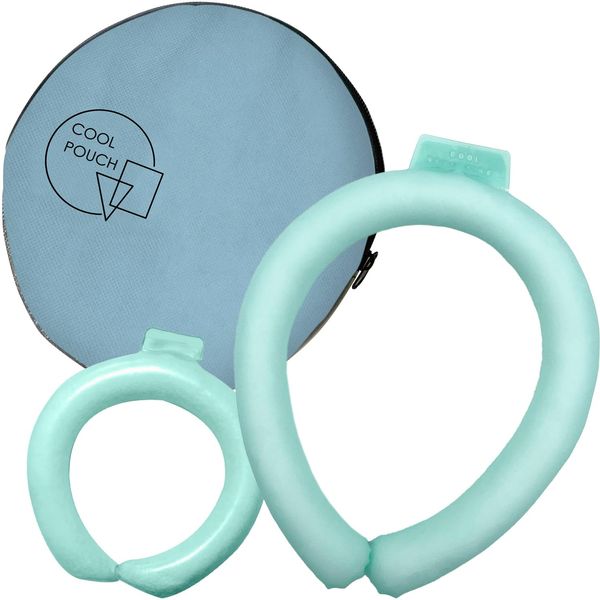 PCM Cooling Neck Ring Mini Ring with Cooling Pouch Set (1 Neck Ring + 1 Mini Ring + 1 Pouch (Blue) Green 28 Degree Outdoor Cooling Sensation Dedicated Case