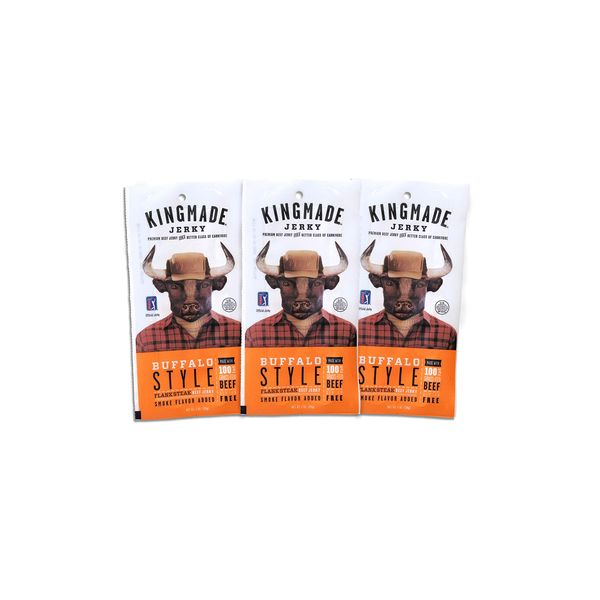 Kingmade Beef Jerky Buffalo Premium Grass Fed Flank Steak Cuts, Gluten Free, No MSG Added, Natural Protein Snacks with No Nitrates & Nitrites (3 Pack)