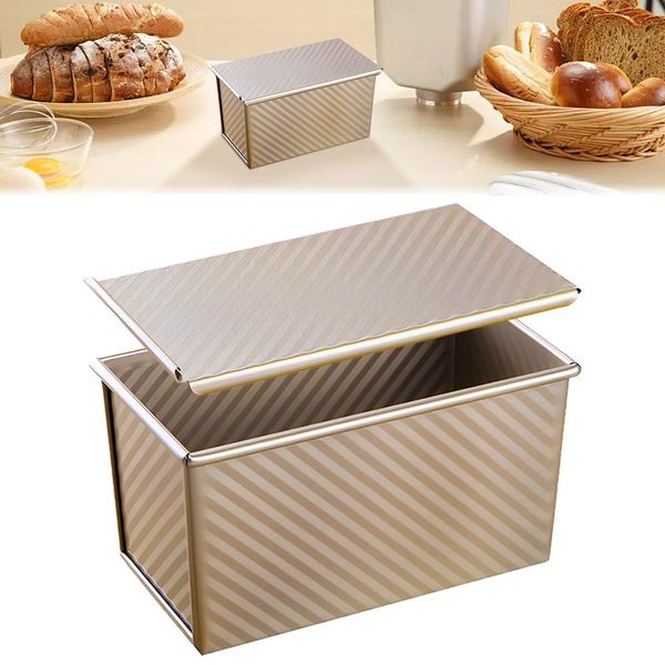 JUNMEIDO Loaf Tin with Lid Pullman Loaf Tin Non-stick Loaf Tin Carbon Steel Bread Toast Mold Bread Pans 1lb Corrugated Loaf Pan Bread Tin with Slide Cover Lid for Baking Toast Sandwich Cake（Gold）