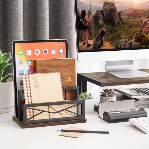 Snughome Desktop Mail Organizer, Desk Mail Organizer with 2-Slot Matte Black Metal Desktop Mail Sorter, Metal Storage File Holder Letter Sorter Organizer for Home or Office Desktop, Rustic Brown