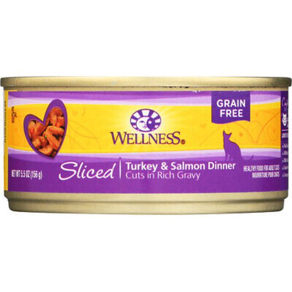 Wellness Cat Food Sliced Turkey & Salmon Dinner 5.5 oz 24 Pack Bulk Case