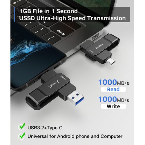 Jostart- 256GB USB C Thumb Drive up to 1000MB/s,Fast USB C Flash Drive,External SSD Flash Drive Type C+USB A 3.2 Gen 2 Flash Drive,USB C Memory Stick for iPhone 15/PS4/Android Phone/Tablet/Windows/Mac