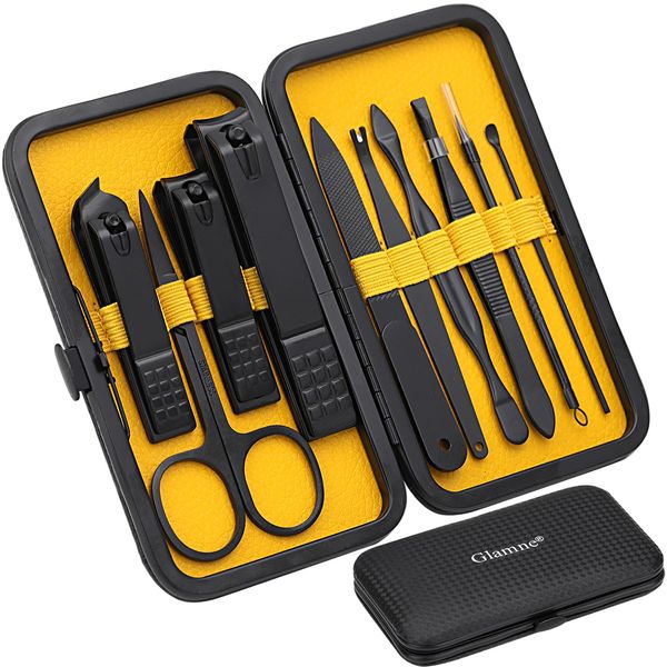 Glamne Set manicure Kit tagliaunghie Strumenti professionali per la cura delle unghie in acciaio inossidabile con custodia da viaggio in pelle 10 in 1 giallo