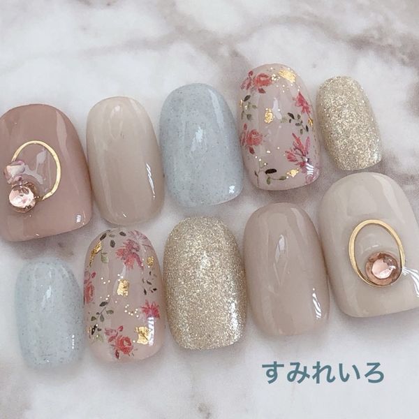 Nail tip false nails design cute short long bridal spring nail nail present short nails small nails big nails berry short chibi nails dull nails artificial nails pressed flowers gel nails [1636] dull beige botanical small flower silky gray blue b/f