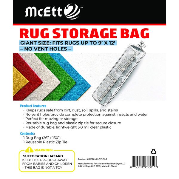 Rug Storage Bag and Zip Tie - No Vent Holes - Giant Size Fits Rugs up to 270 x 360cm - Protects Rolled Rugs for Moving or Storage