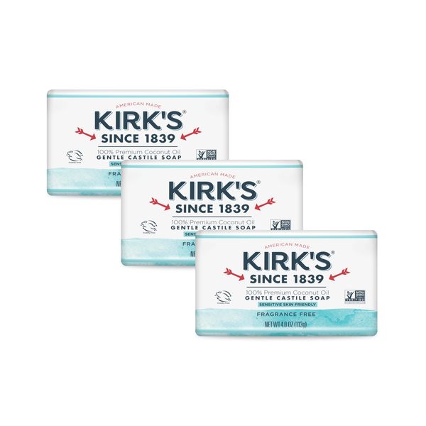 Castile Bar Soap by Kirk’s | Clean Soap for Men, Women & Children | Premium Coconut Oil | Sensitive Skin Formula, Vegan | Fragrance-Free/Unscented | 4 oz. Bars - 3 Pack