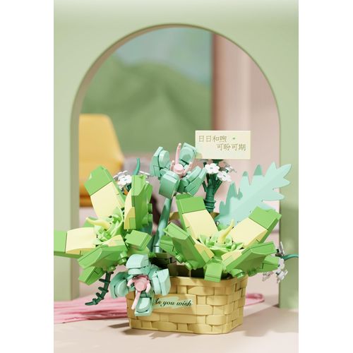 Flower bouquet building sets, 177 green flowers, cute little flower basket, suitable for home desktop decorations, creative birthday gift for girls, Valentine's Day gift, suitable for Age 14+