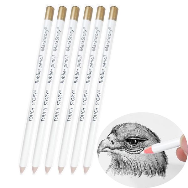 6pcs Eraser Pencils Set for Artists, Wooden Sketch Eraser Pen for Charcoal Drawings, Highlight Painting Eraser White Drawing Pencils for Sketching, Revise Erasing Details for Students Limner.