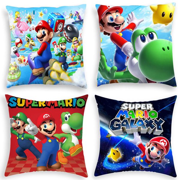 Bonamana Mario Square Pillowcase Cushion Cover Both Sides Cartoon Print Pillow Covers 45 x 45cm Pillow Cases Set of 4 with Zipper Closure Gift for Car Decor Living Room Chair Couch Sofa Bedding