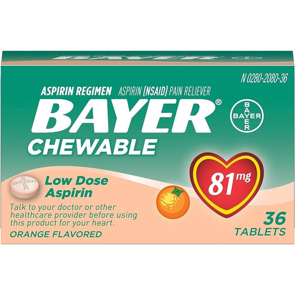 Aspirin Regimen Bayer 81mg Chewable Tablets, #1 Doctor Recommended Aspirin Brand, Pain Reliever, Orange Flavor, 36 Count