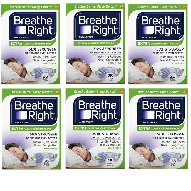 156 BREATHE RIGHT NASAL STRIPS EXTRA CLEAR ( 6 x 26 CT Boxes ) EXP 2027 NEW