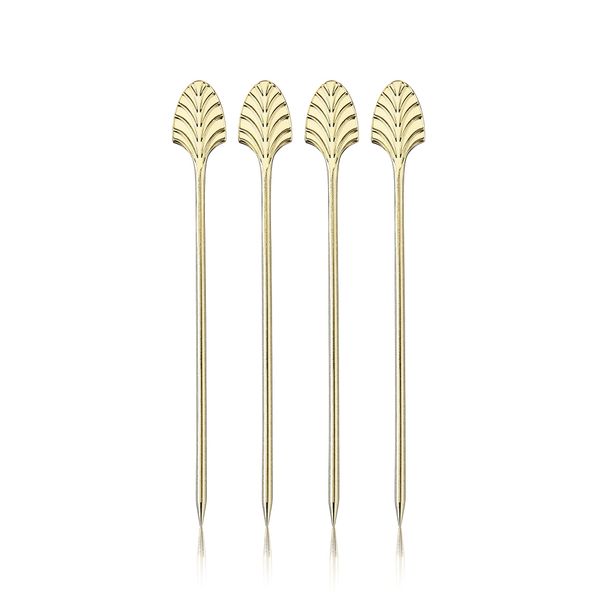 Viski Gold Art Deco Cocktail Picks, Stainless Steel Cocktail Picks for Drinks, Garnish Picks, Cocktail Skewers, Barware Accessories, 5in, Set of 4