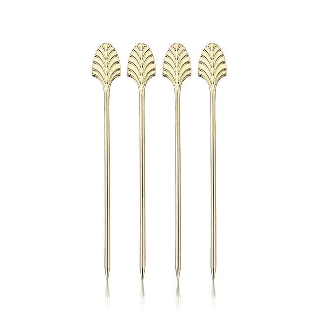 Viski Gold Art Deco Cocktail Picks, Stainless Steel Cocktail Picks for Drinks, Garnish Picks, Cocktail Skewers, Barware Accessories, 5in, Set of 4