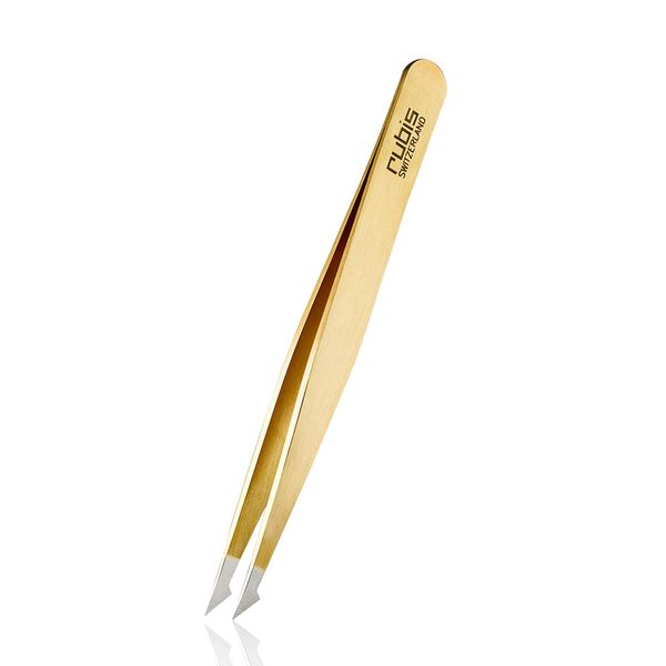 Rubis Tweezers Evolution 2in1 - Pointed Slant Tweezers - Sharp Point tip Tweezers for fine Hair - Eyebrow tweezer Switzerland - Gold